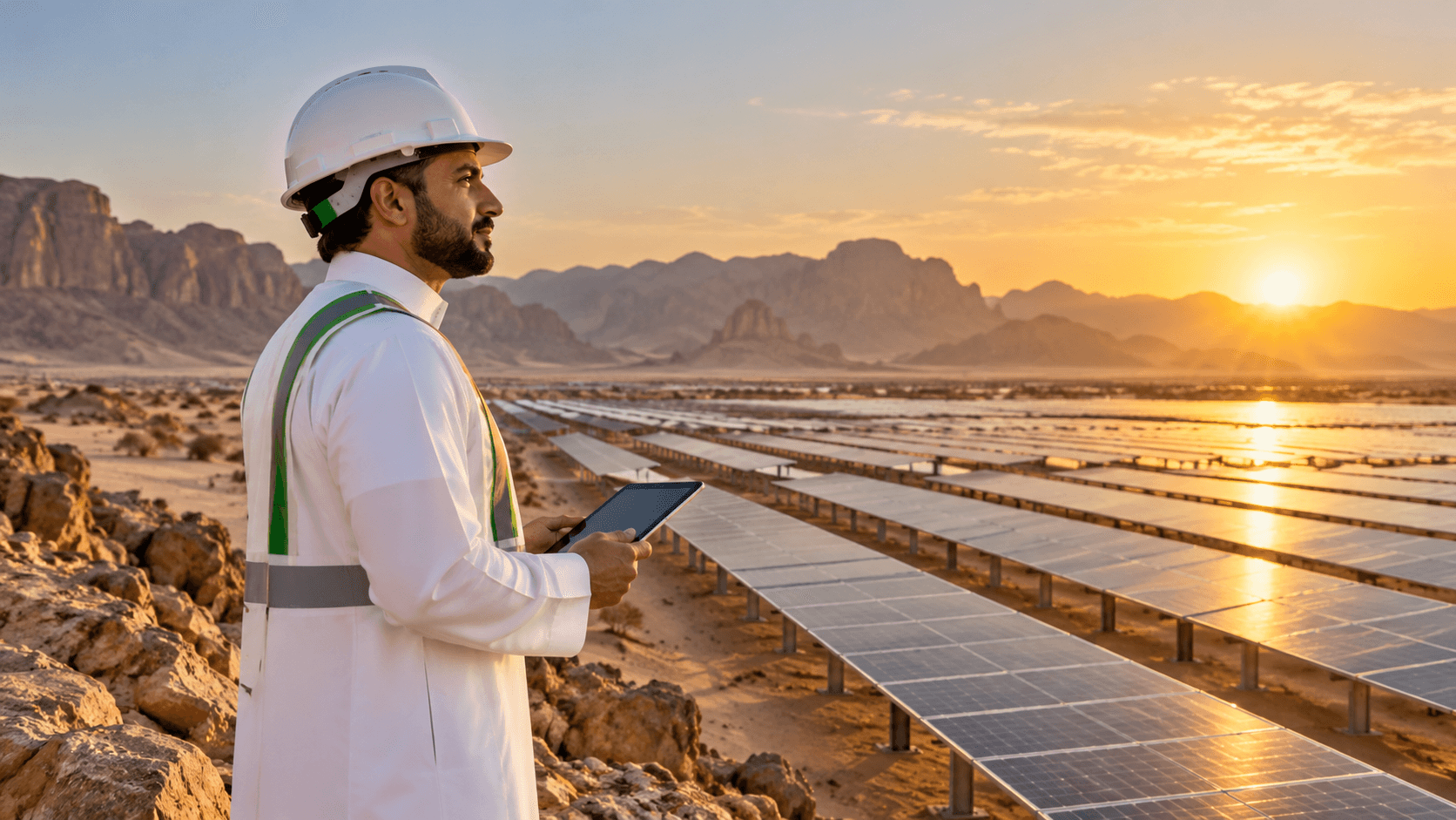 An engineer in a hard hat reviewing a solar energy installation at sunset