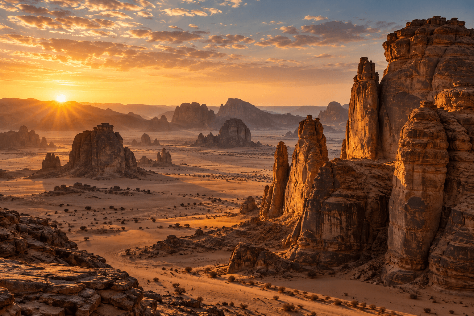 Sandstone rock formations in a desert valley at sunset