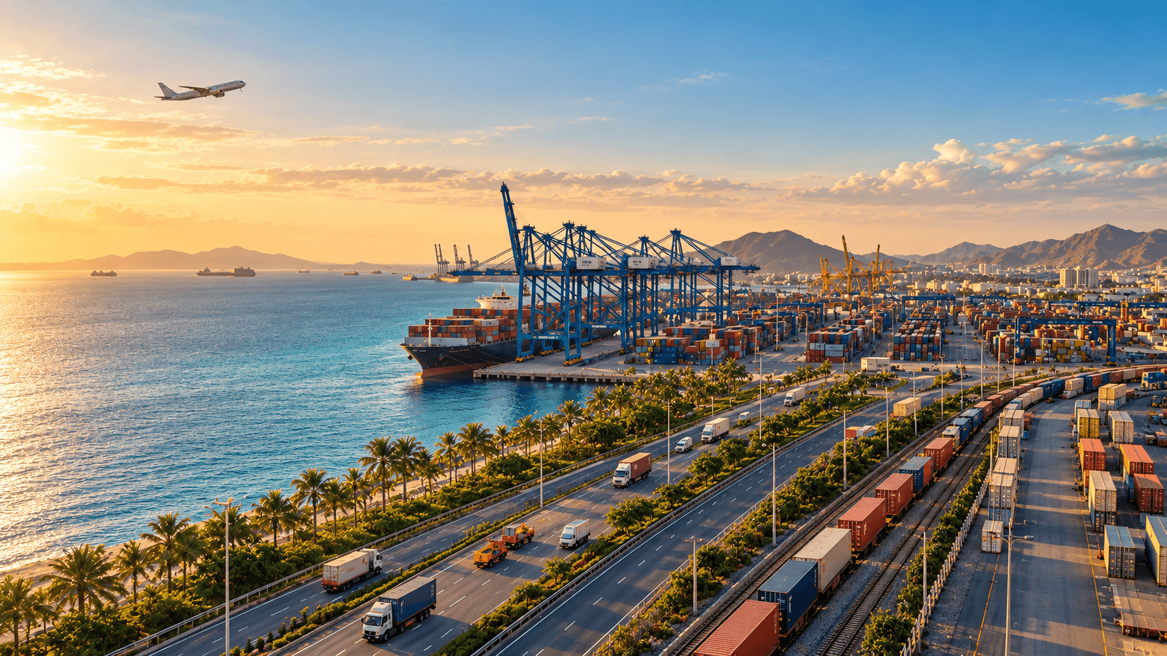 Seaport with container cranes, road and rail links and an aircraft overhead