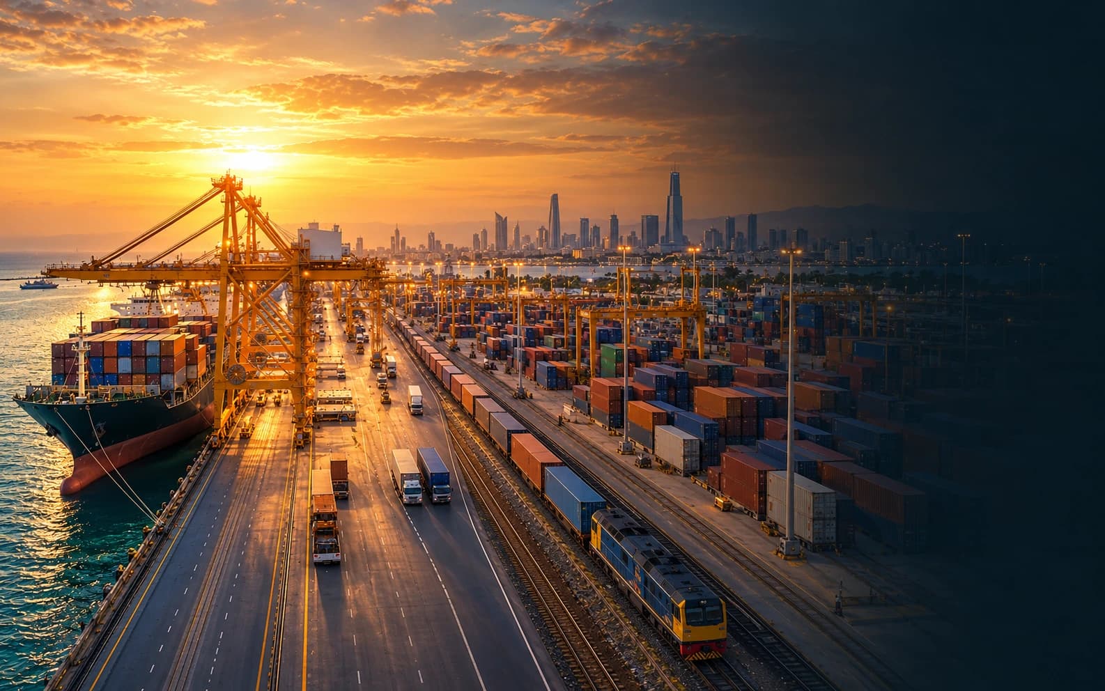 Container port and freight rail lines at sunset