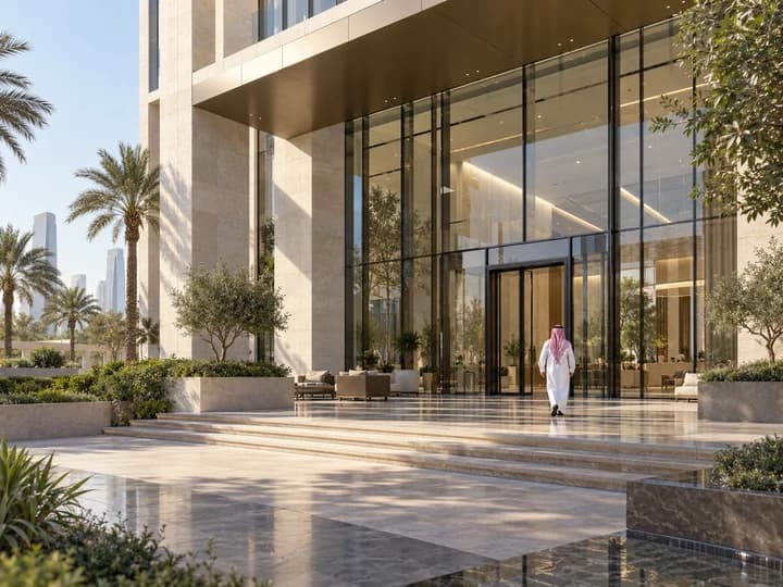 AI illustration of a premium office entrance and atrium in Saudi Arabia