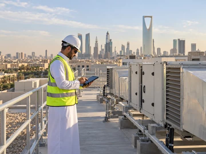AI illustration of a facilities manager inspecting rooftop building equipment