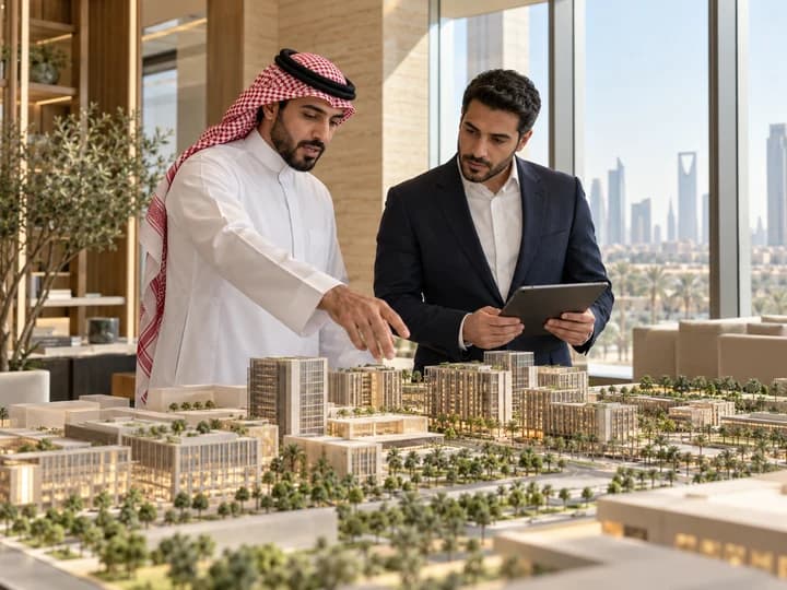 AI illustration of Saudi property professionals reviewing a district scale model