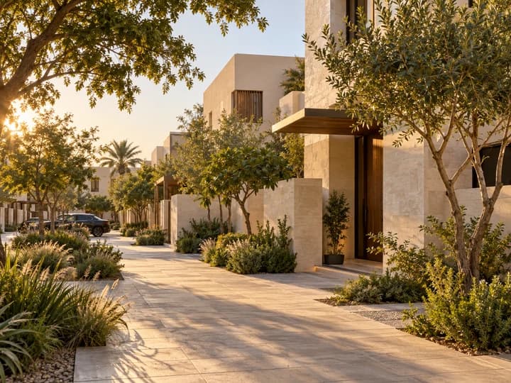AI illustration of an inhabited contemporary Saudi townhouse community