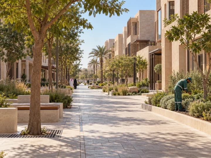 AI illustration of a shaded Saudi pedestrian avenue and landscape maintenance
