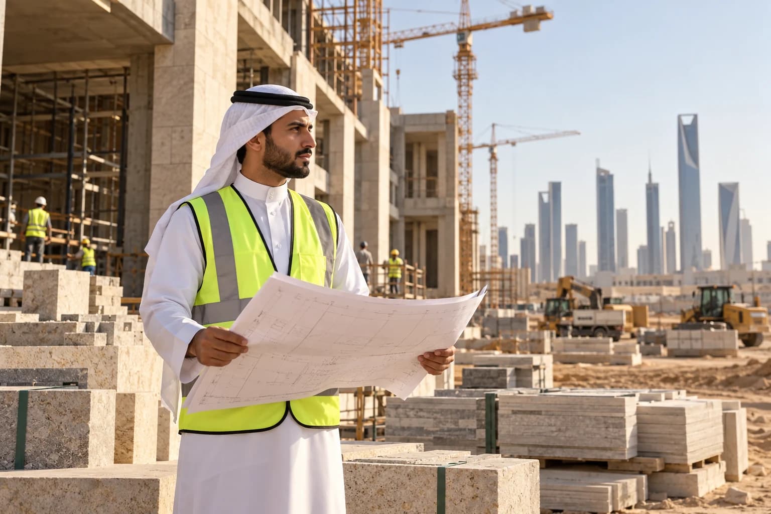 A site engineer reviews drawings beside stacked stone blocks, cranes and a city skyline.