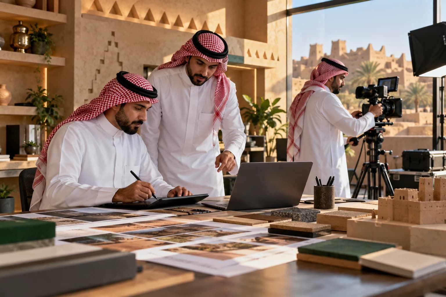 Creative professionals review designs at a studio table while a colleague films behind them.