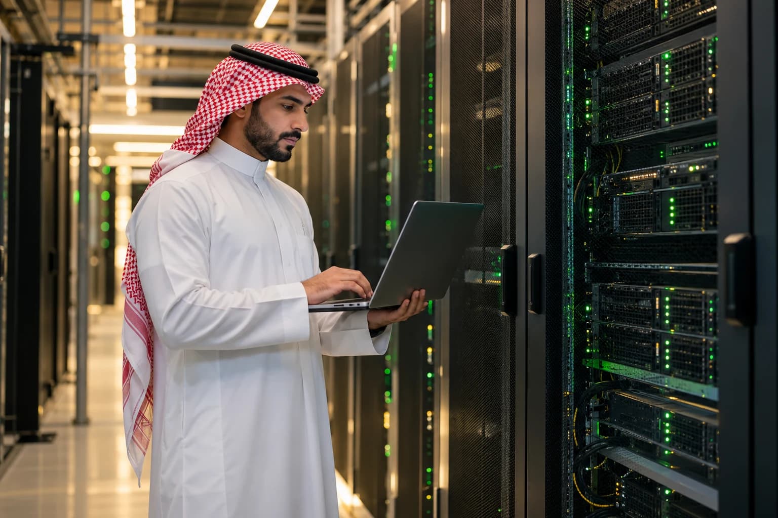 A technology specialist works on a laptop between server racks in a data centre.