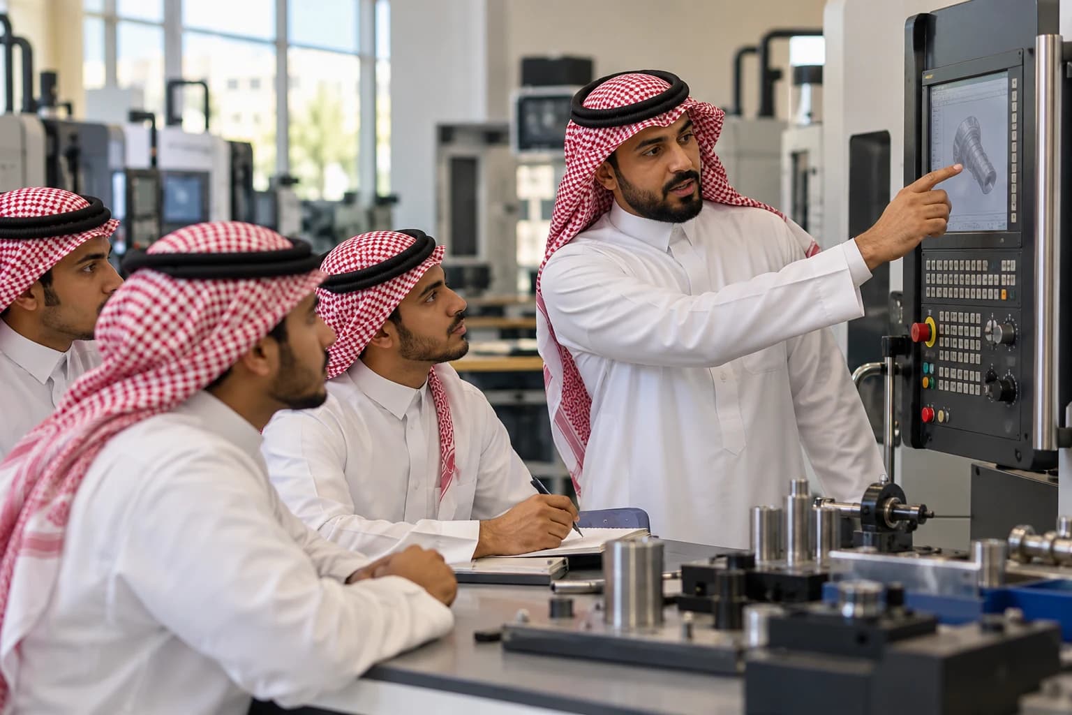 An instructor explains a machine control panel to trainees in a technical training workshop.
