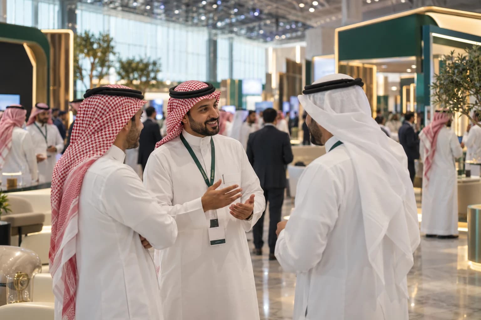Visitors with lanyards talk in the hall of a busy exhibition.