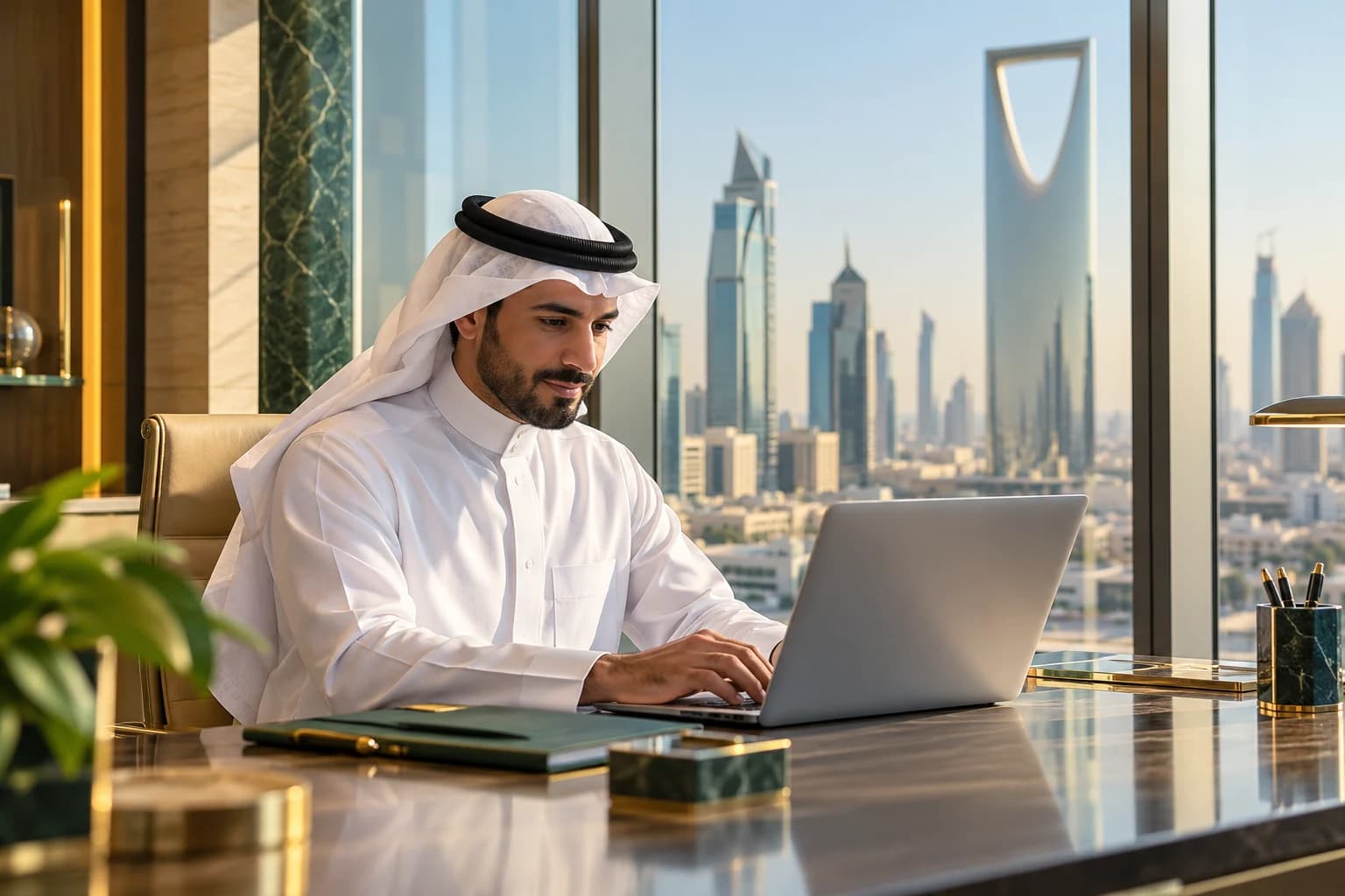 A finance professional works on a laptop in an office overlooking a city skyline.