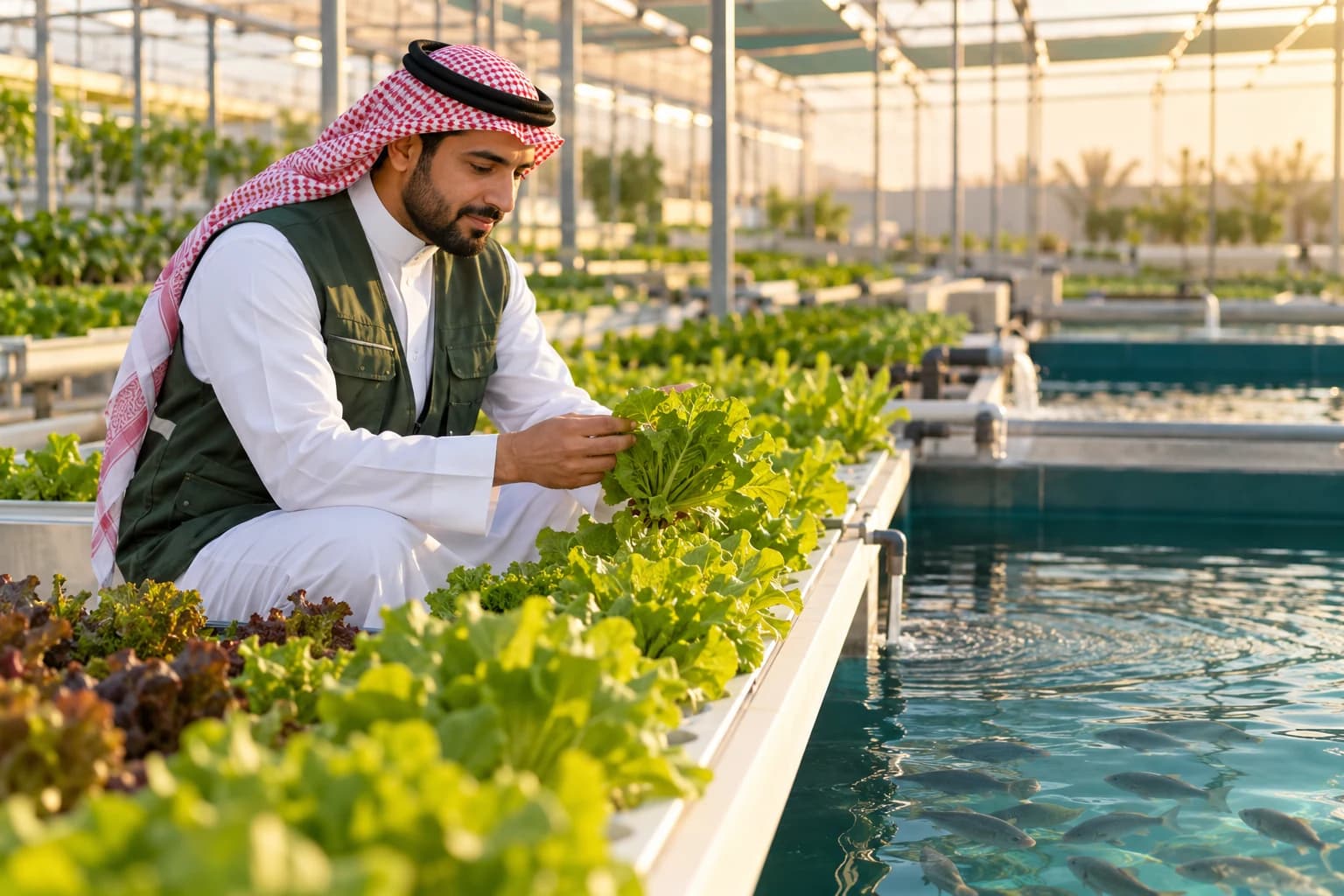 A grower inspects leafy greens beside a fish tank in a greenhouse farm.