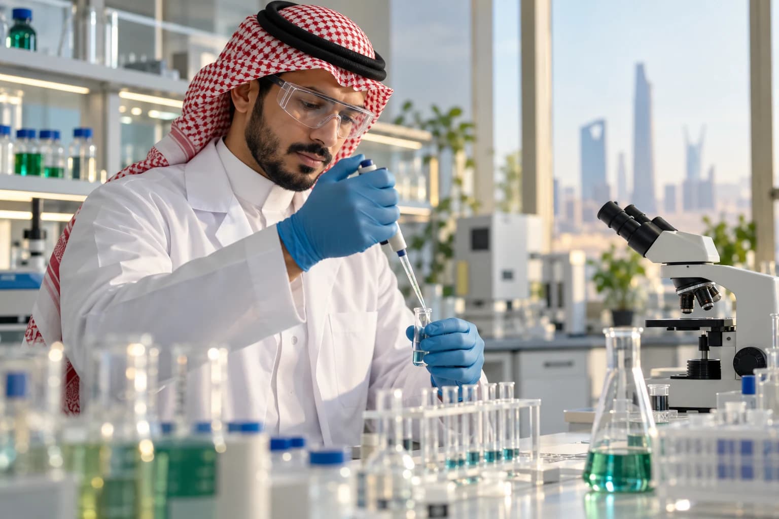A scientist in gloves and safety glasses uses a pipette in a laboratory.