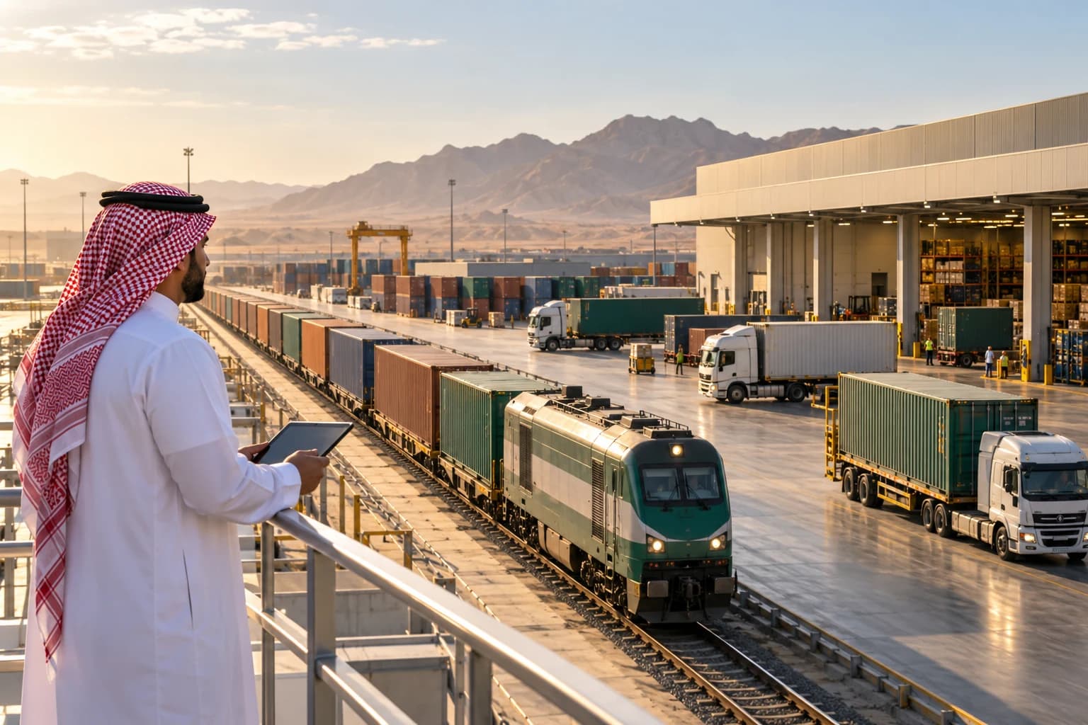 A logistics manager with a tablet watches a freight train and container trucks at a rail terminal.