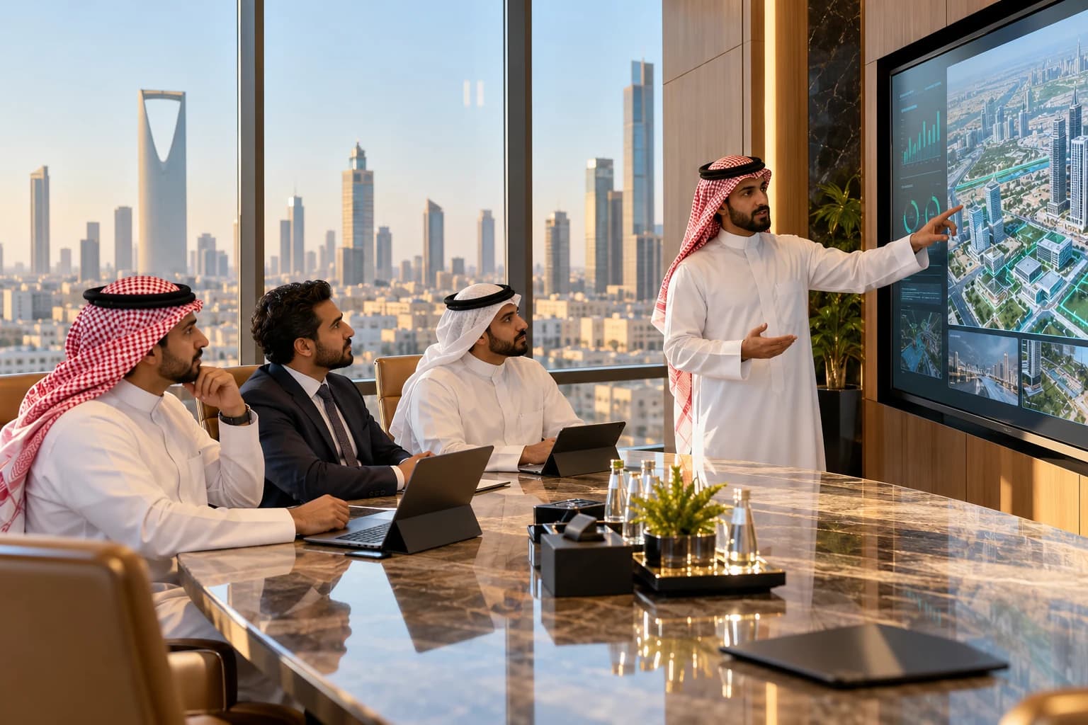 A consultant presents data on a wall screen to clients in a high-rise meeting room.