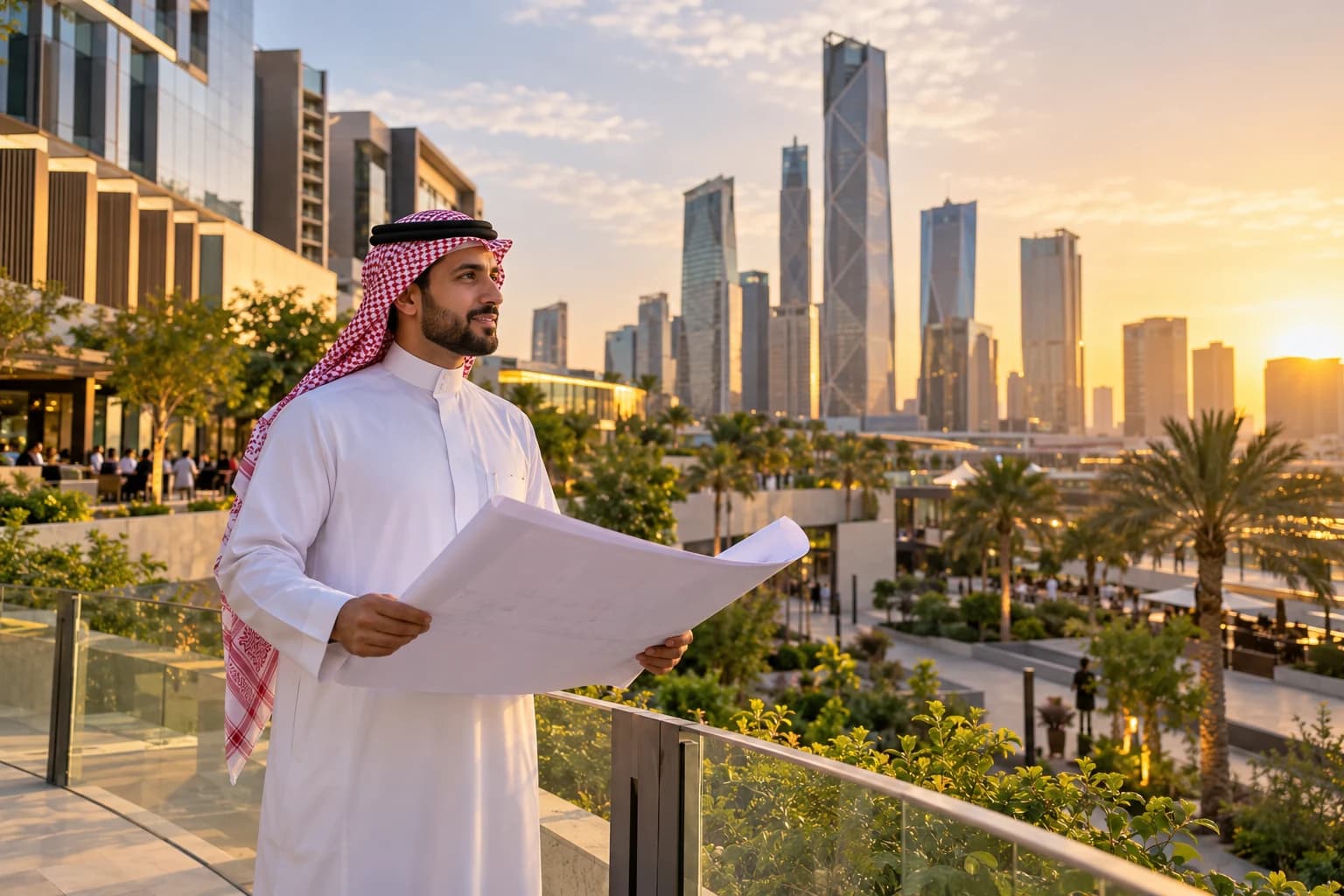 A developer holds plans on a landscaped terrace overlooking city towers at sunset.