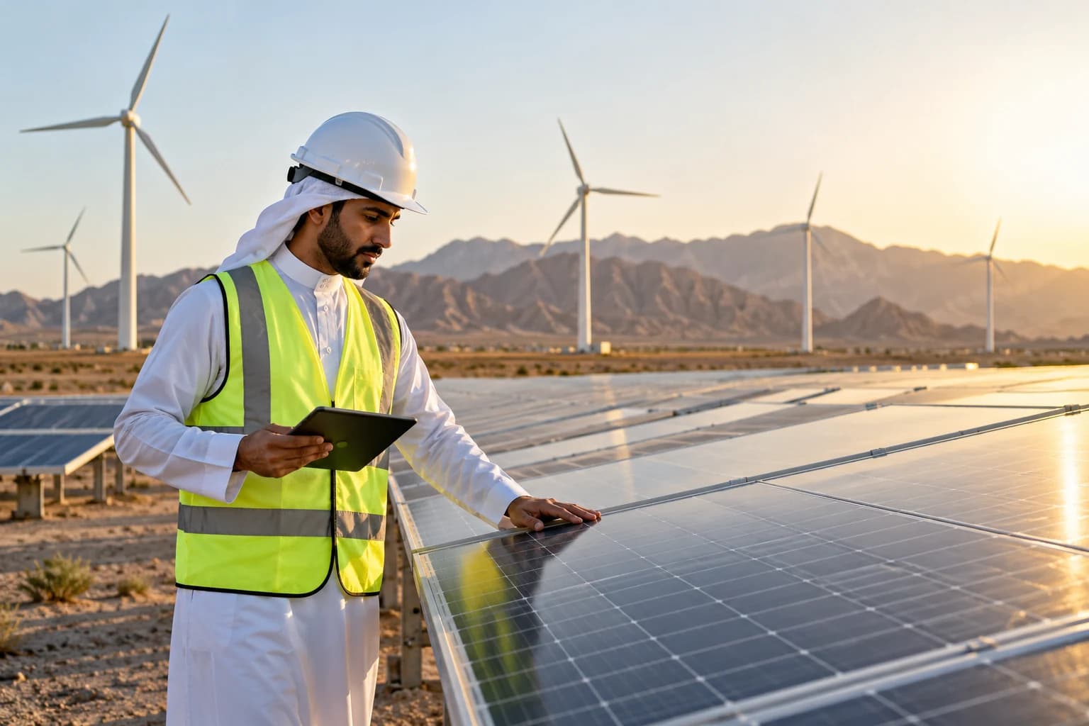 An engineer in a hard hat checks solar panels with wind turbines and mountains behind.