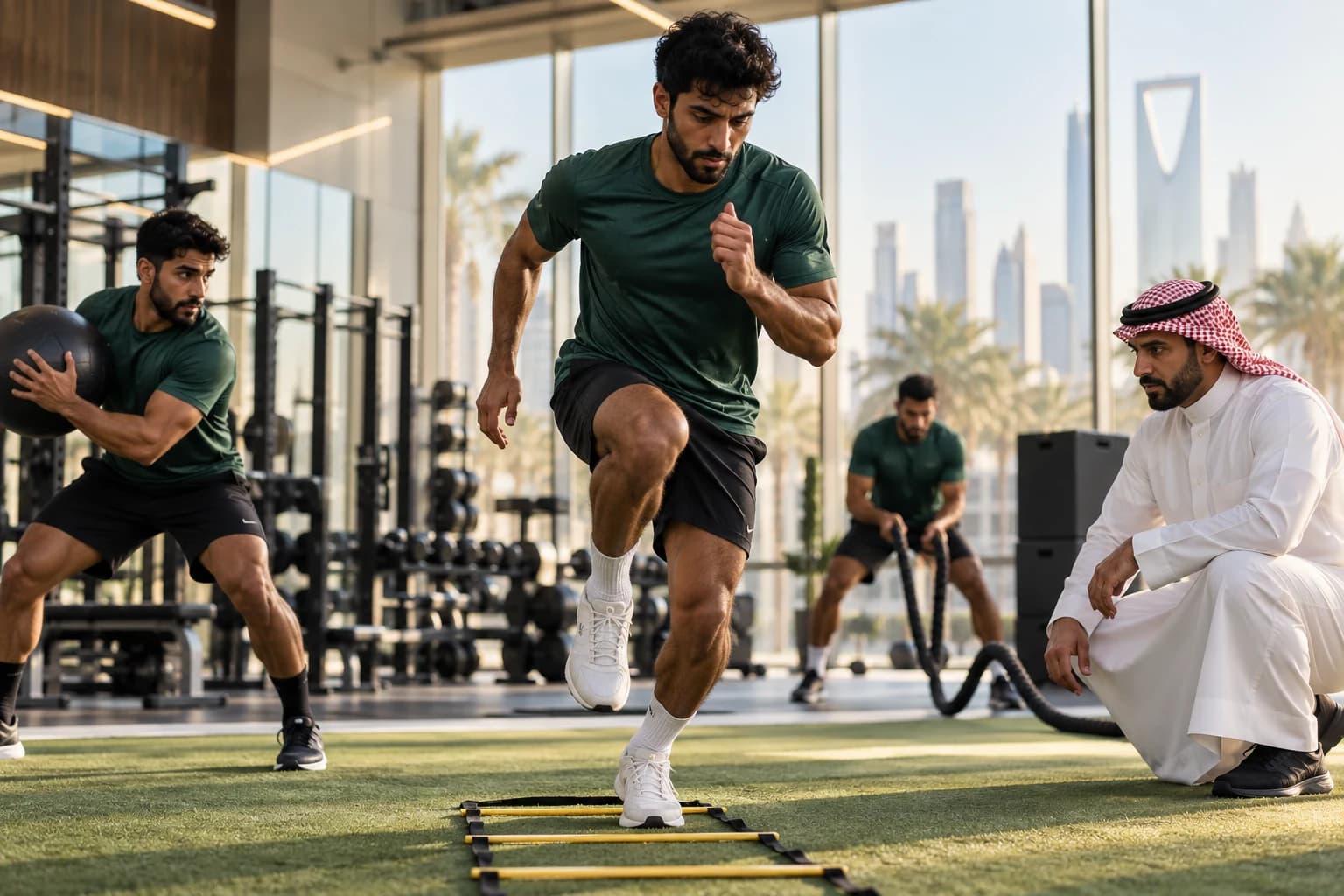 Athletes train on an indoor turf area while a coach watches.