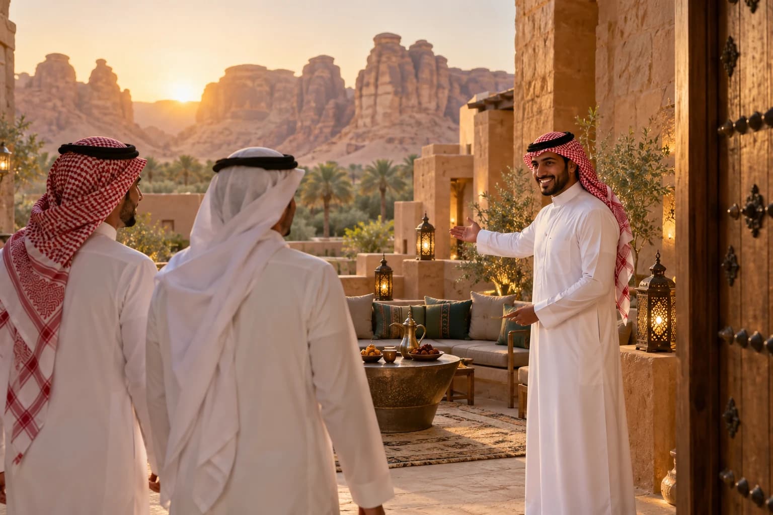 A host welcomes guests to a courtyard lounge with sandstone cliffs behind at sunset.