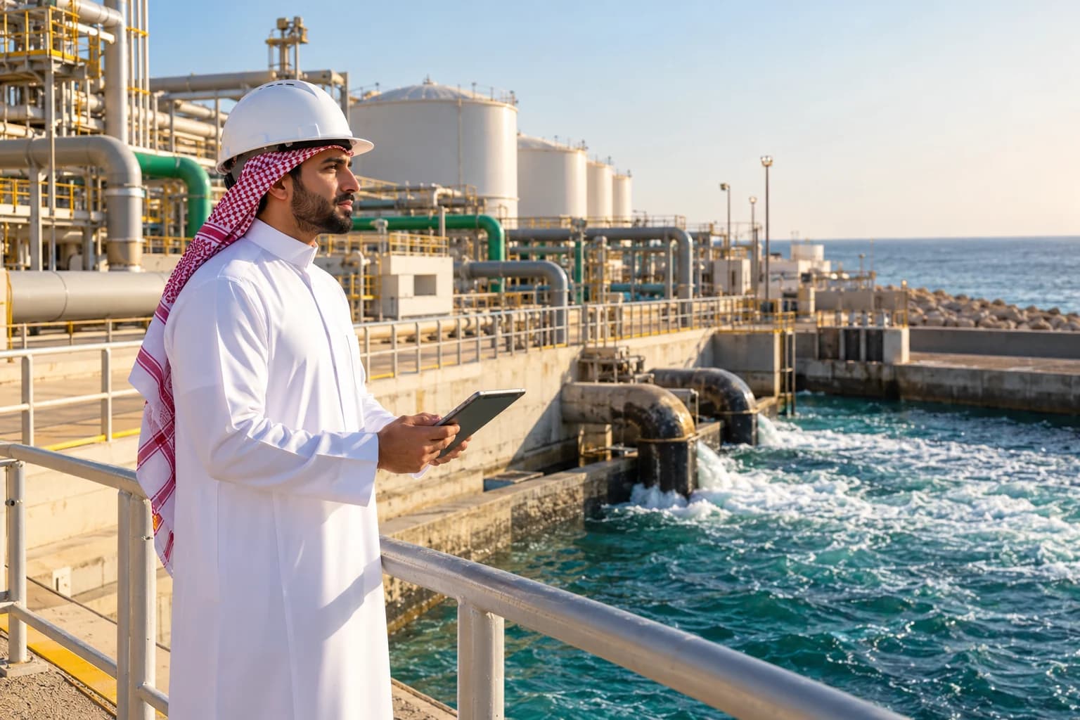 An engineer with a tablet overlooks seawater intake pipes at a coastal desalination plant.