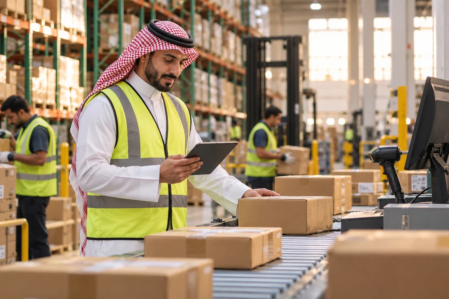 A warehouse manager checks parcels on a conveyor in a fulfilment centre.