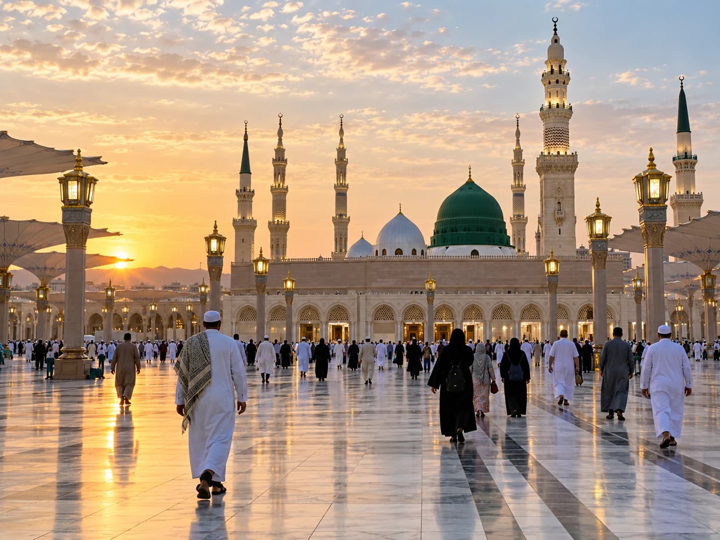 Illustration of visitors walking across the courtyard of the Prophet's Mosque in Madinah.