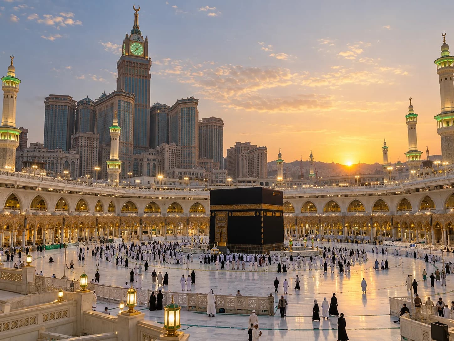 Illustration of pilgrims in the courtyard of the Grand Mosque in Makkah at sunset.