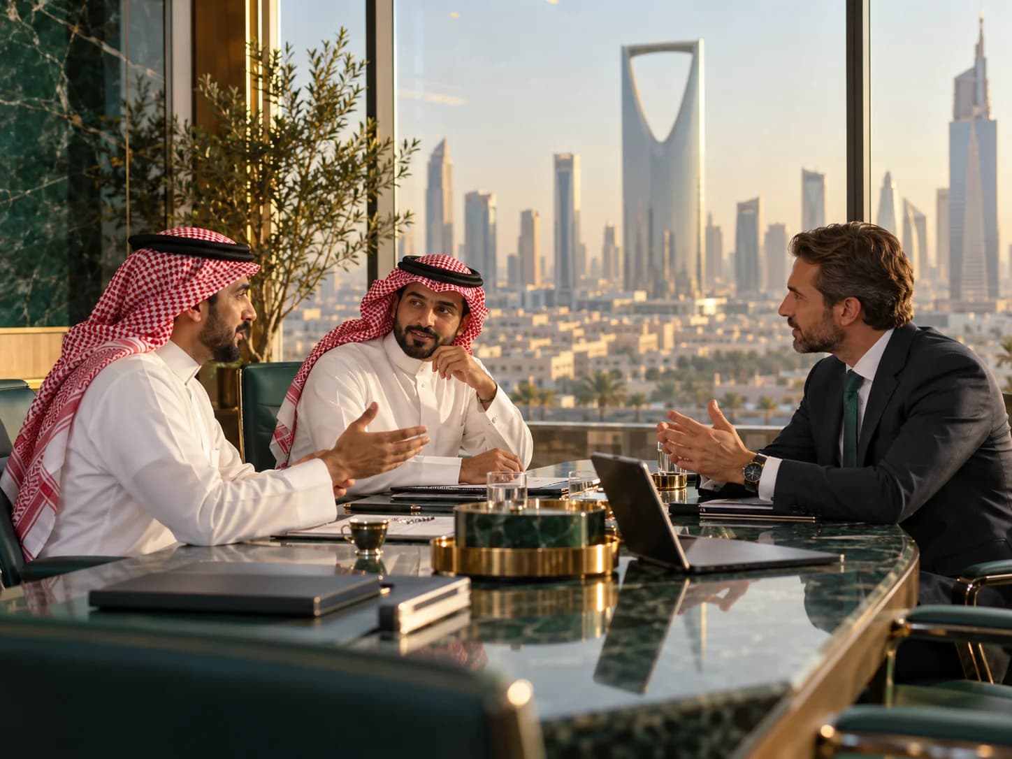 Business travellers meet in a Riyadh lounge overlooking the city skyline.