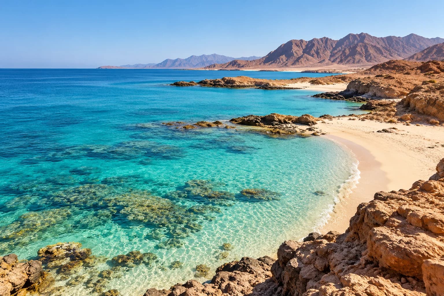 A sandy cove with clear turquoise water below rugged mountains on the Red Sea coast.