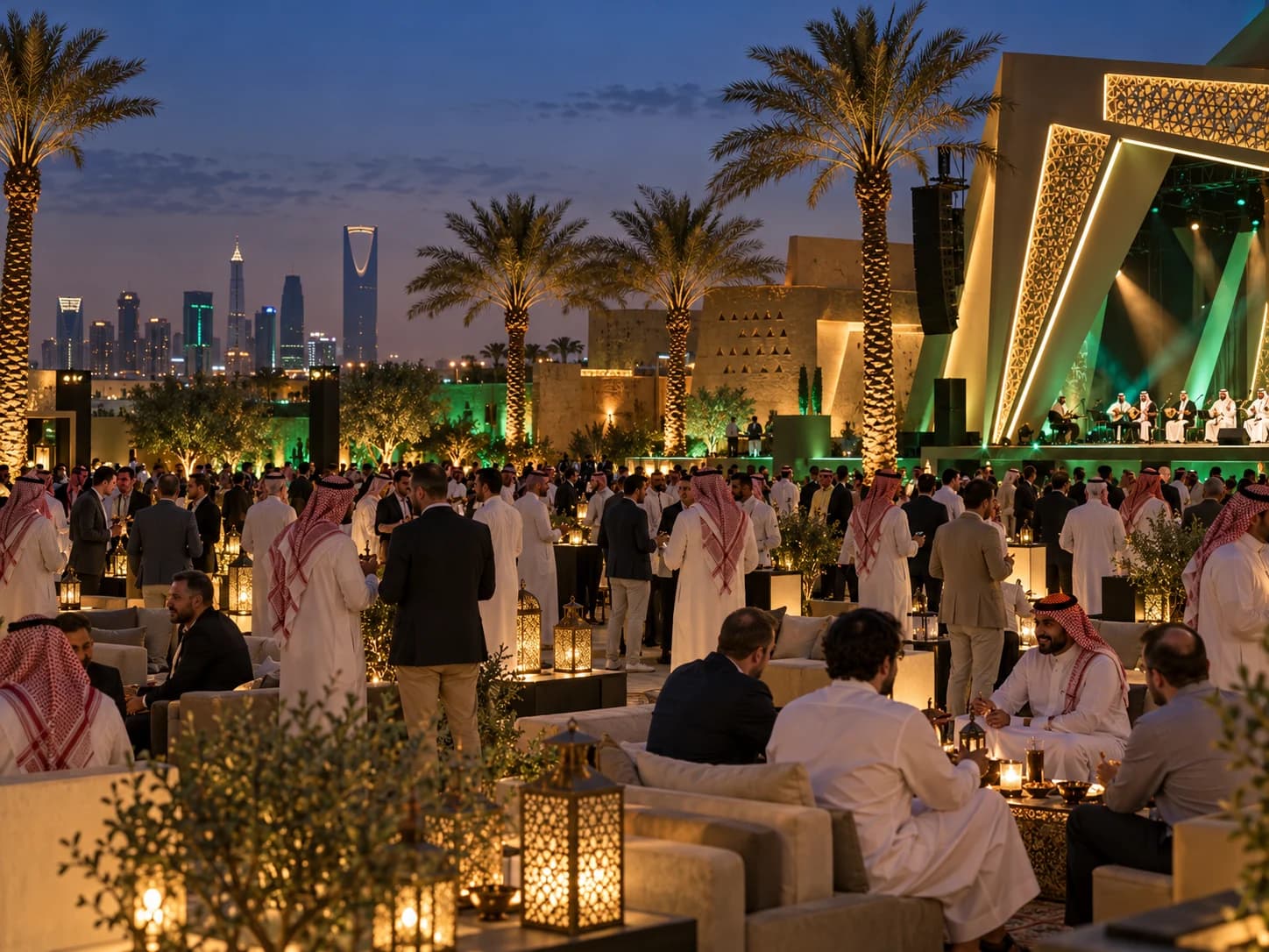 Visitors gather at an evening outdoor event among palm trees, with the Riyadh skyline behind.