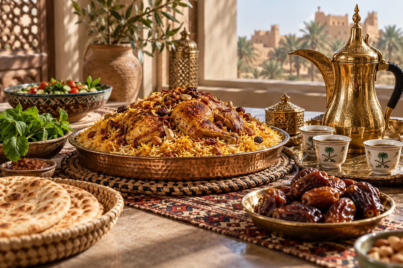 A table set with a rice and meat platter, dates, bread and a Saudi coffee pot.