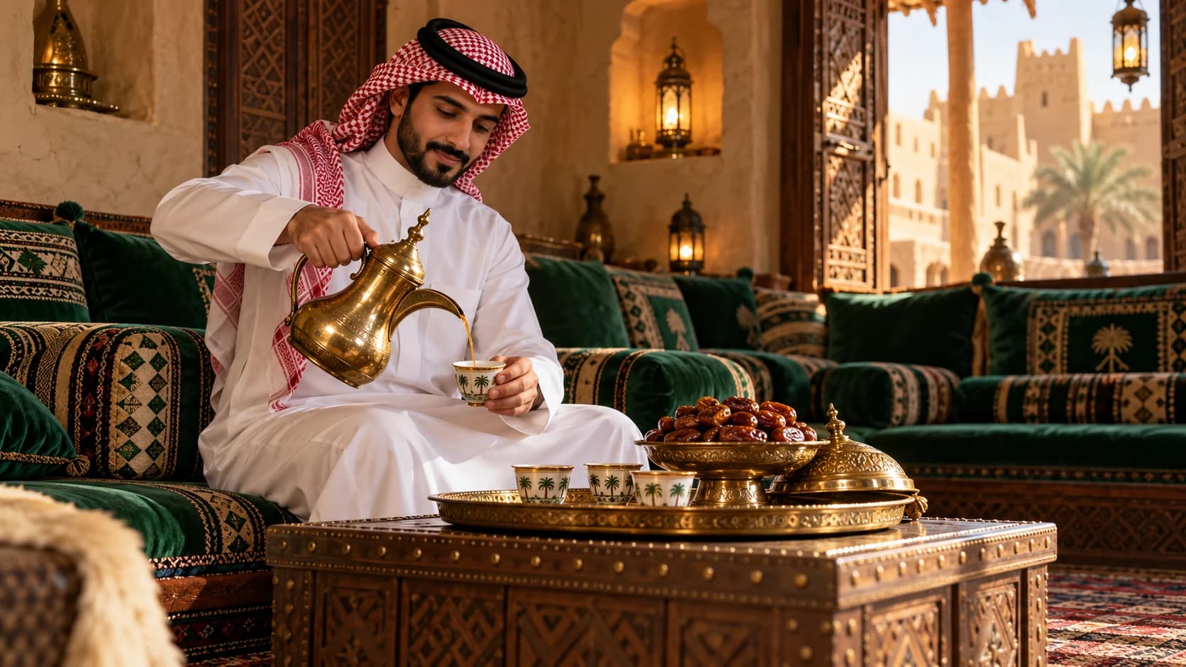 A host in a red shemagh pours Saudi coffee in a traditional majlis.