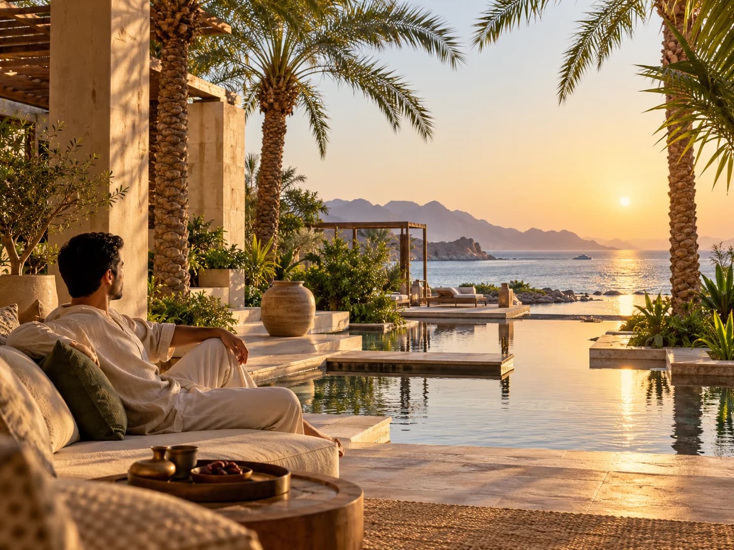 A guest relaxes on a shaded terrace beside a pool overlooking the Red Sea at sunset.