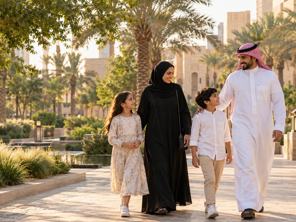 Illustrative Saudi family walking in a city garden.