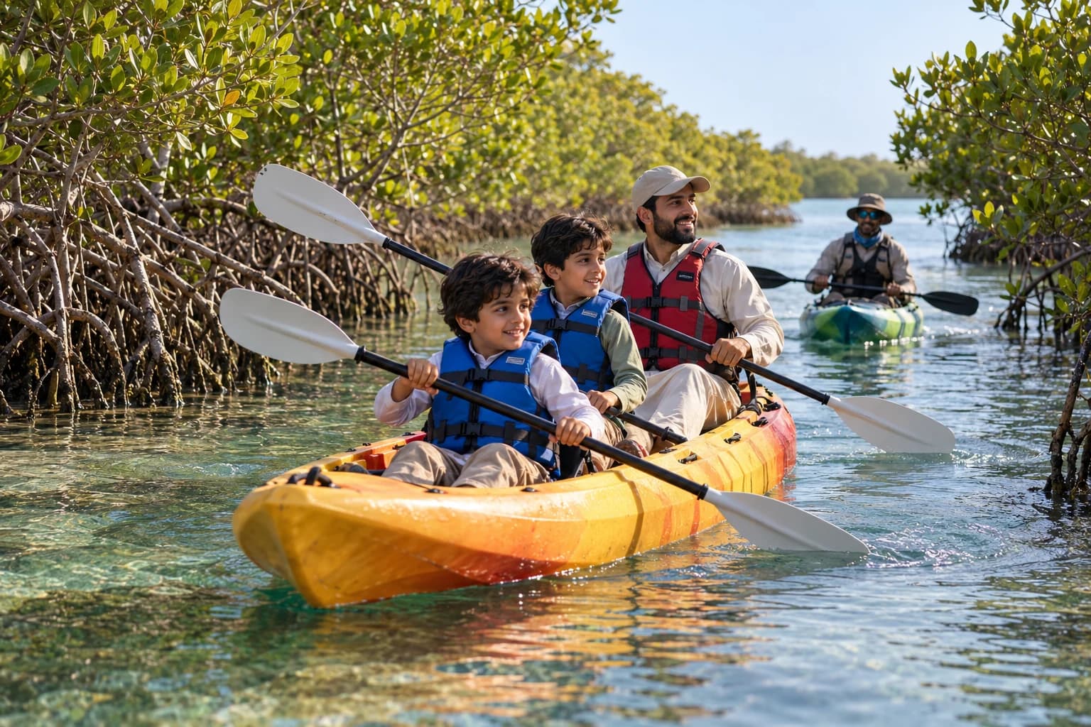 Illustrative guided family kayaking through mangroves with life jackets