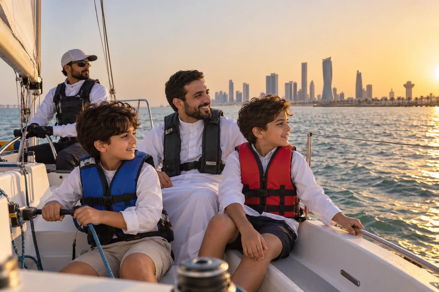 Illustrative family sailing trip with life jackets on the Arabian Gulf
