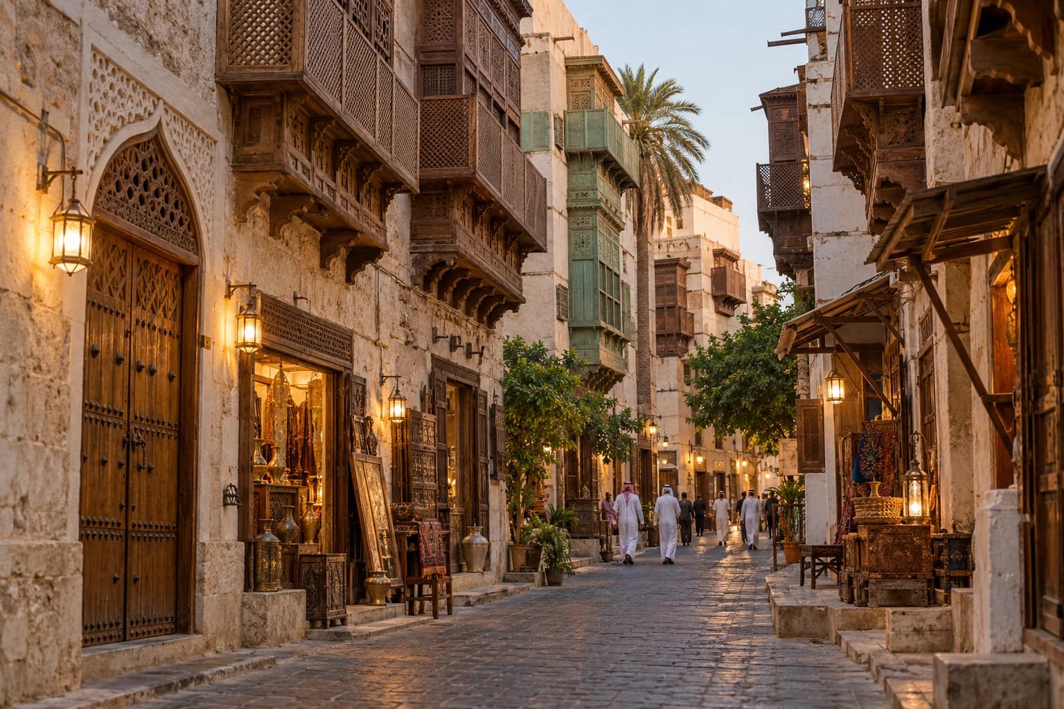 Illustrative historic Jeddah coral-stone lane with traditional rowshan architecture