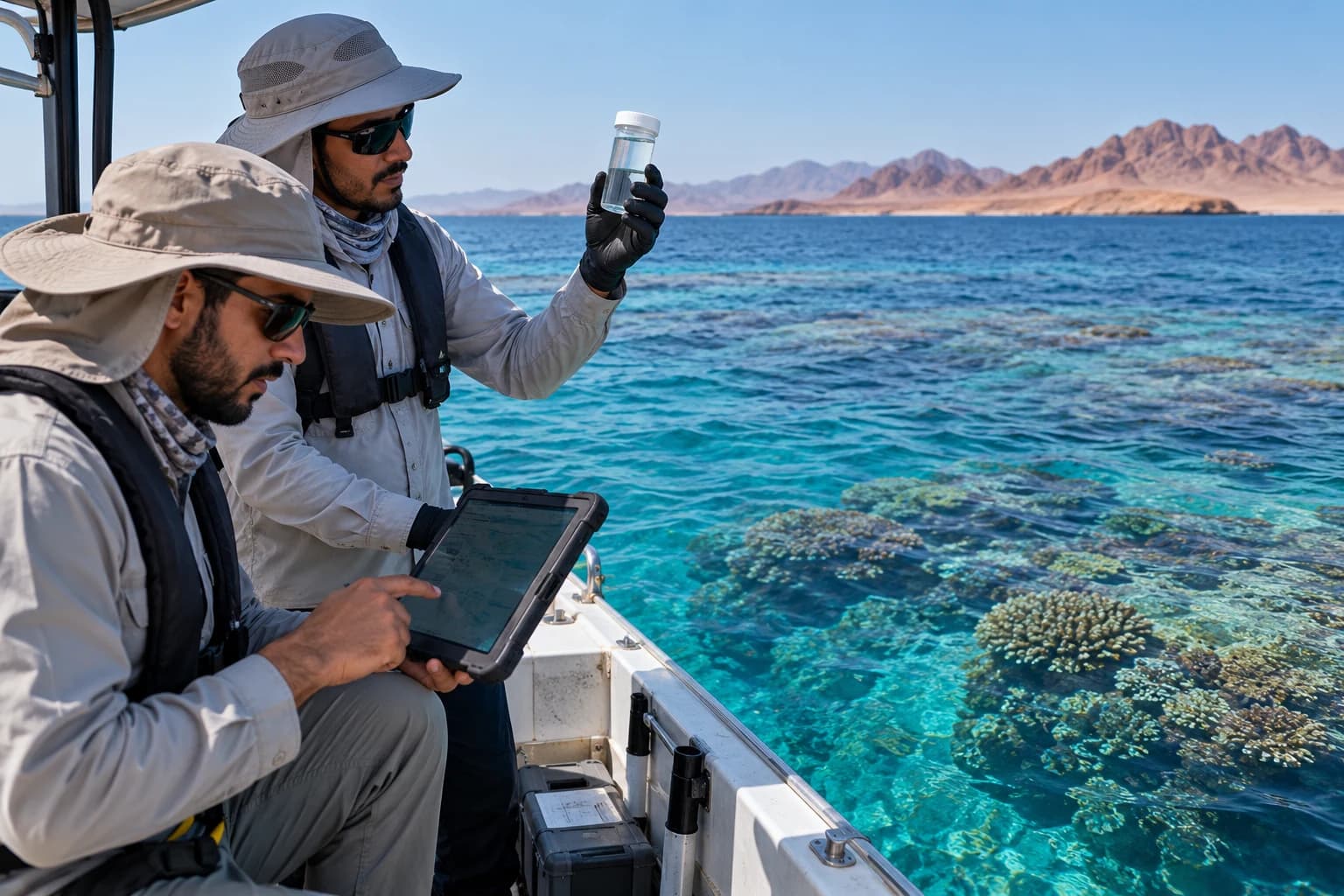 Illustrative field researchers observing coastal water and reef from a boat