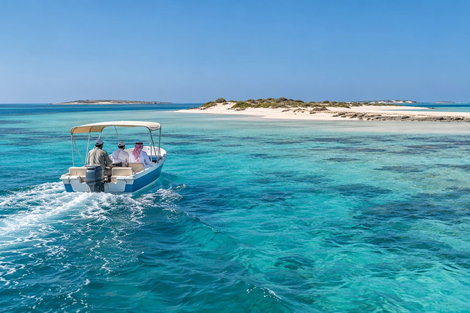 Illustrative small boat approaching pale islands and turquoise shallows