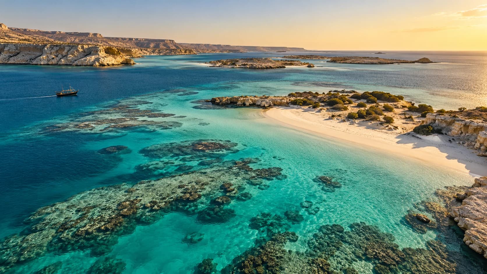 Illustrative aerial view of turquoise Red Sea shallows, island shore and distant boat