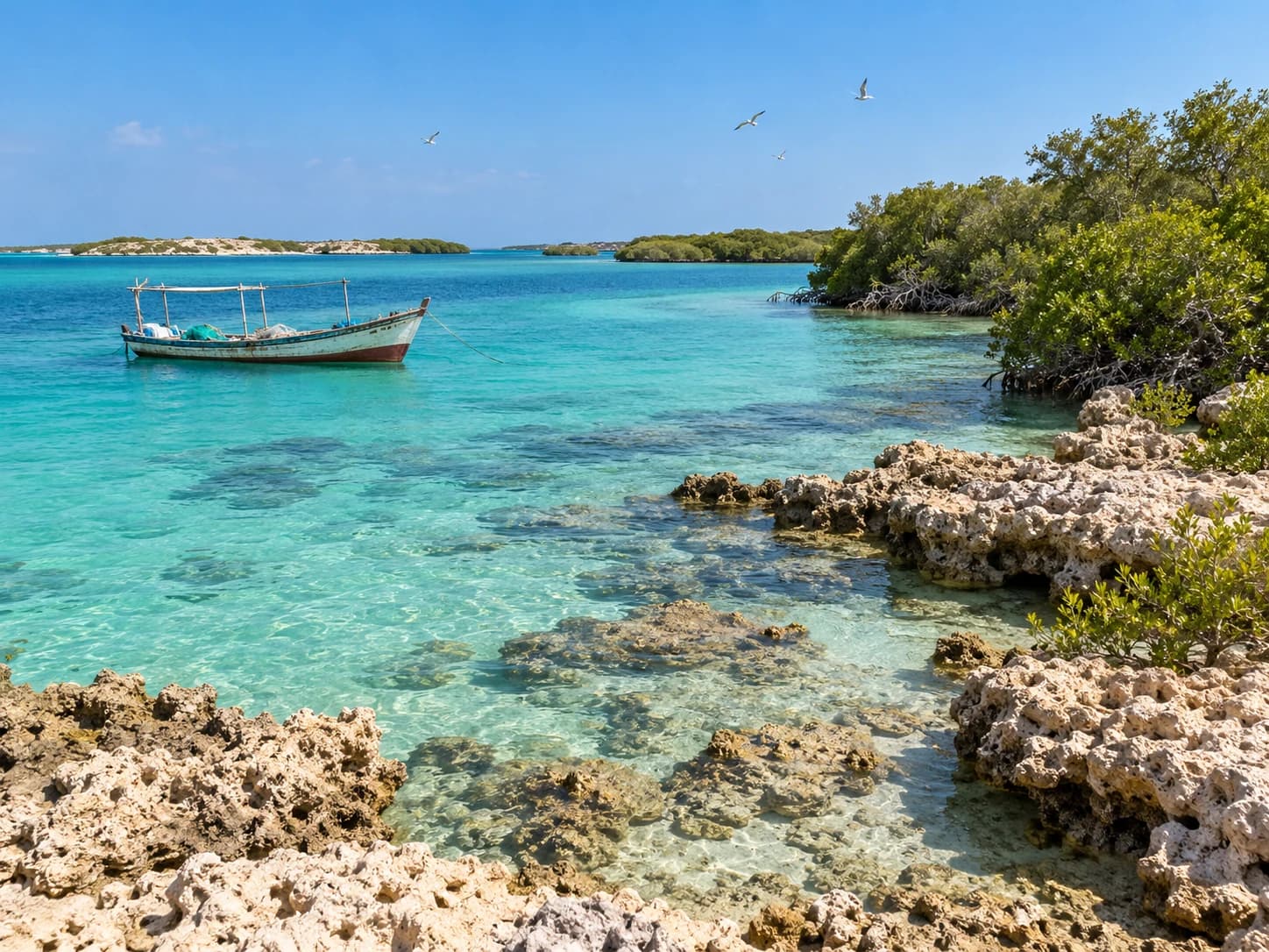 Illustrative mangrove-lined island inlet and local fishing boat