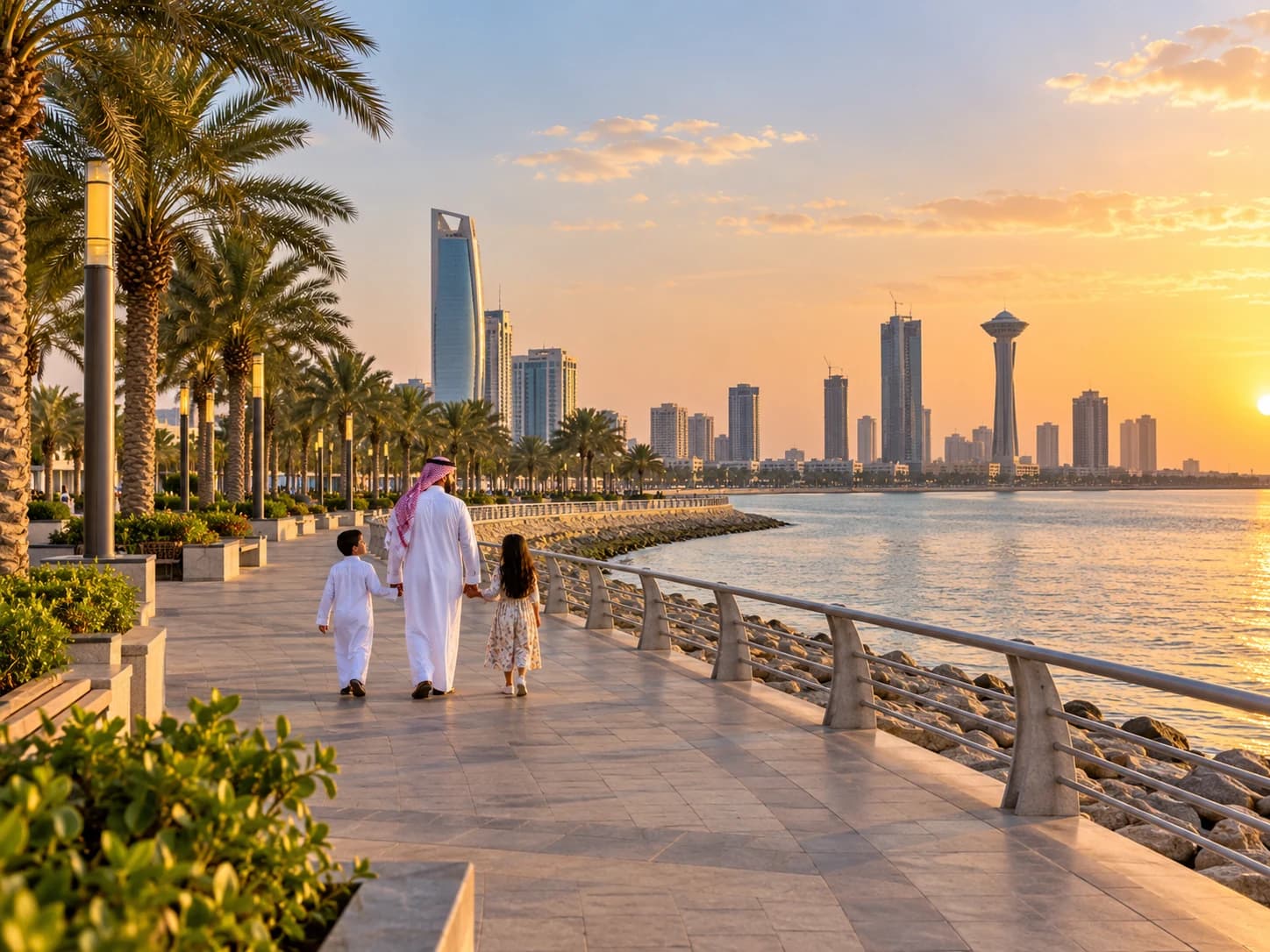 Illustrative Gulf waterfront promenade at sunset with a Saudi father and children