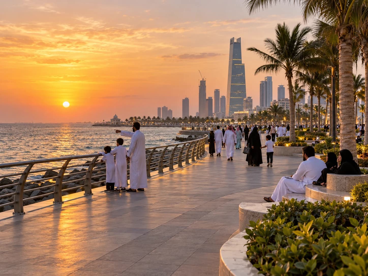 Illustrative Jeddah waterfront promenade at sunset with city skyline and families