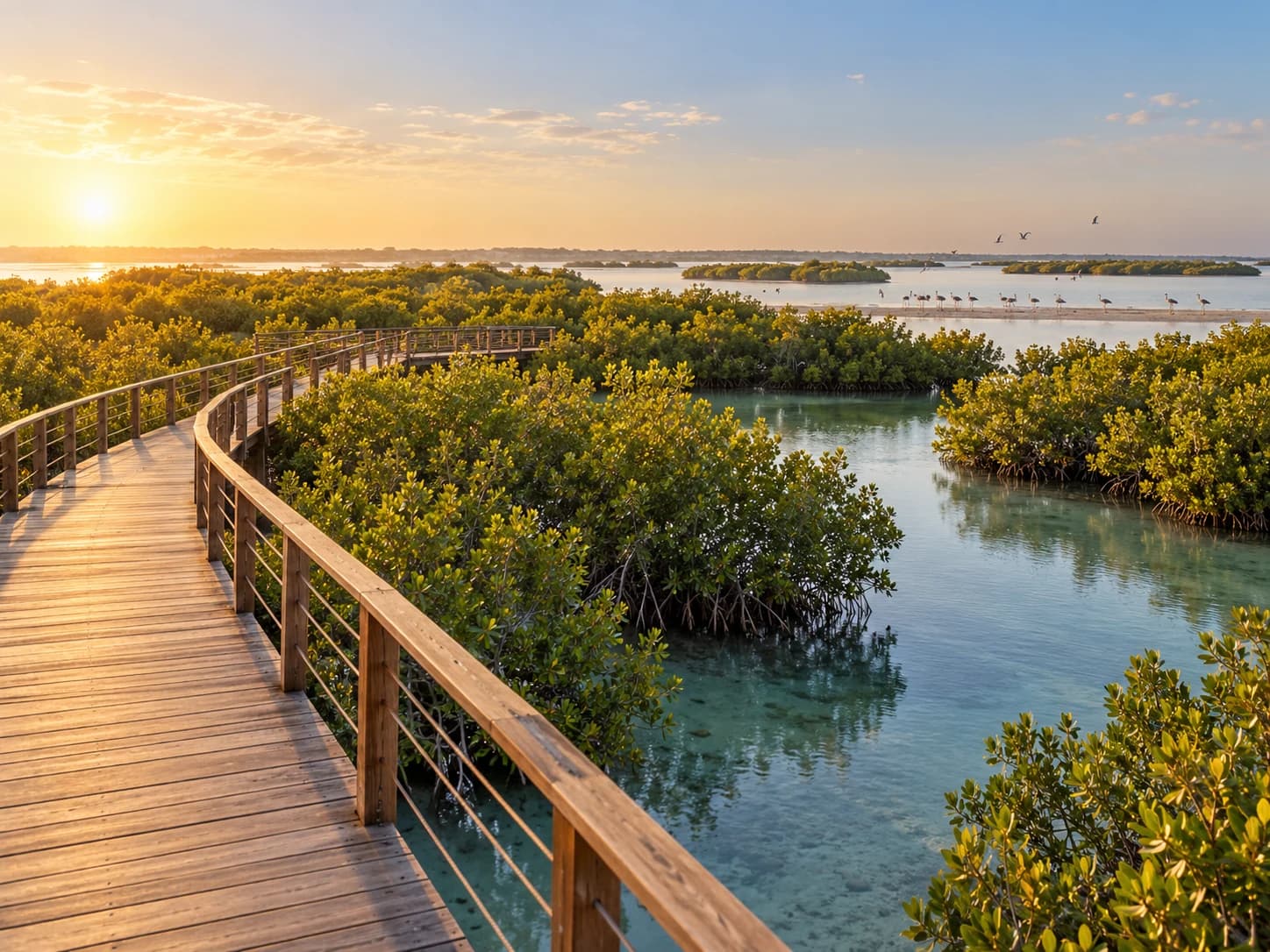 Illustrative mangrove boardwalk and tidal inlet on a Gulf coast