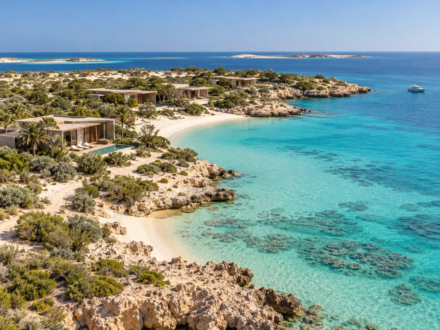 Illustrative low-rise island resort beside a turquoise Red Sea lagoon