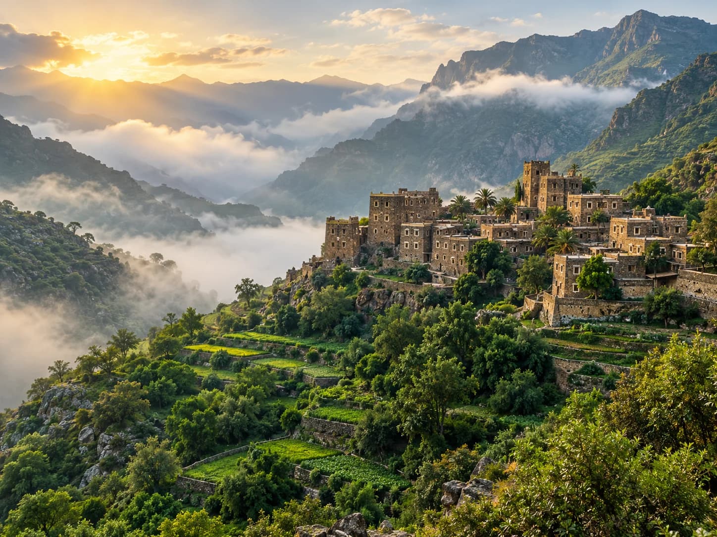 A stone village on a green hillside among misty mountains in Al-Bahah.