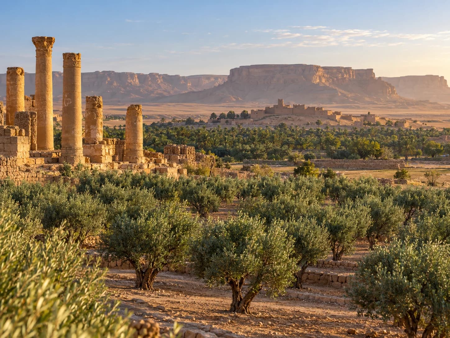 Olive groves and ancient-looking stone columns in a northern oasis landscape.