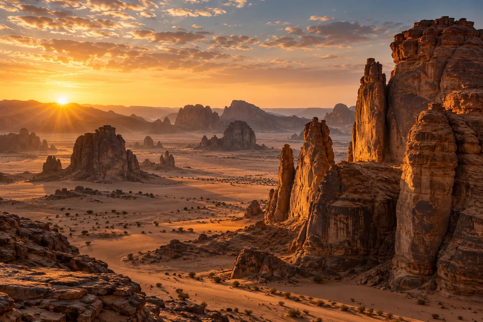 Sandstone rock formations rising from the desert at sunset in AlUla.