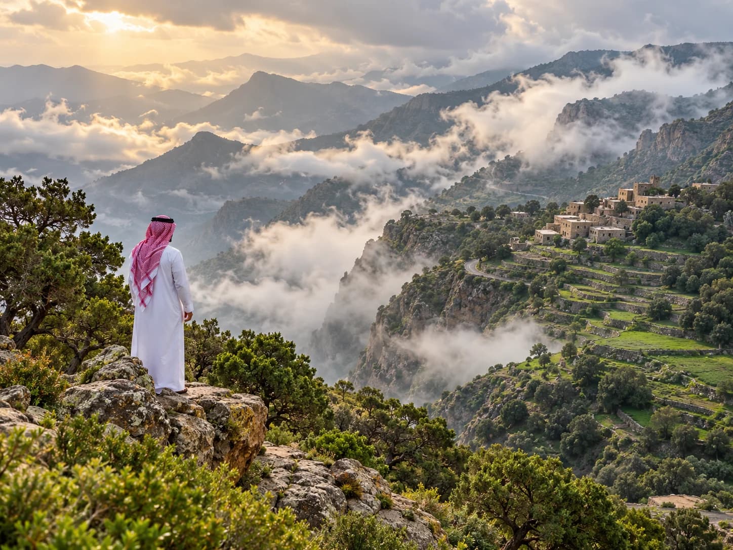 A man in a thobe looks out over misty green mountains and terraces in the Aseer highlands.