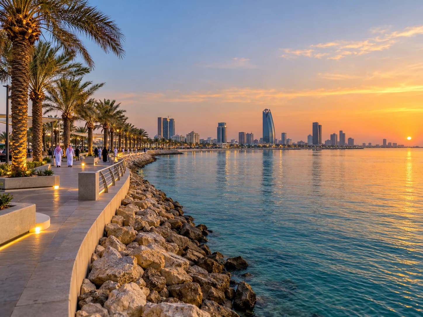 A palm-lined waterfront promenade on the Arabian Gulf at sunset.